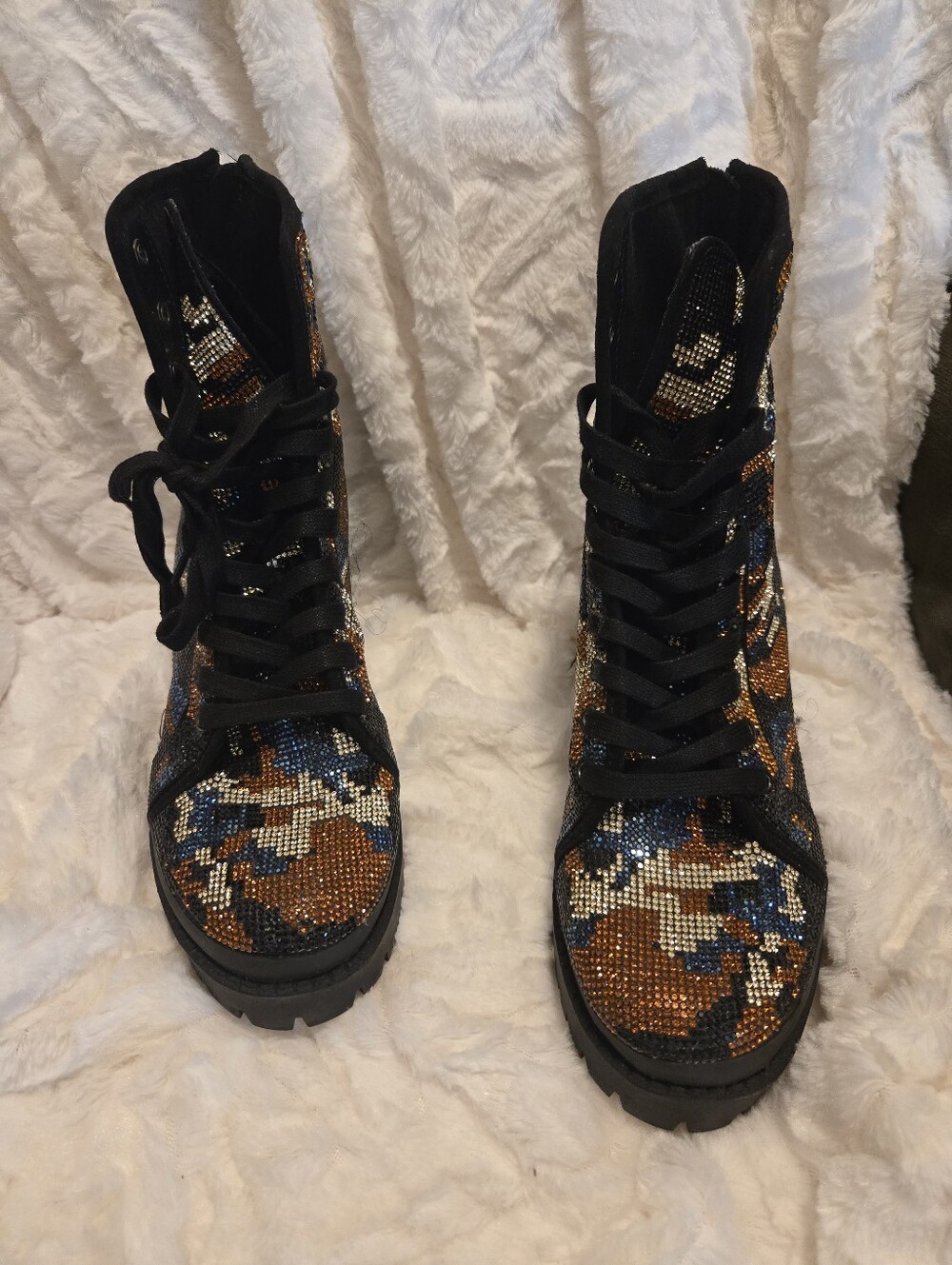 Steve Madden Black Lace-Up Combat Boots with Blue & Brown Accents